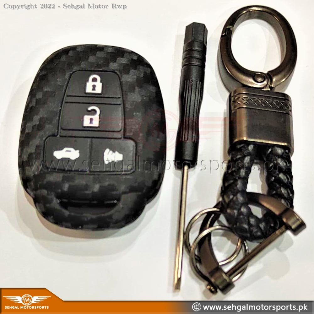 Toyota Corolla Carbon Fiber TPU Plastic Key Cover With Keychain - Model 2014-2017