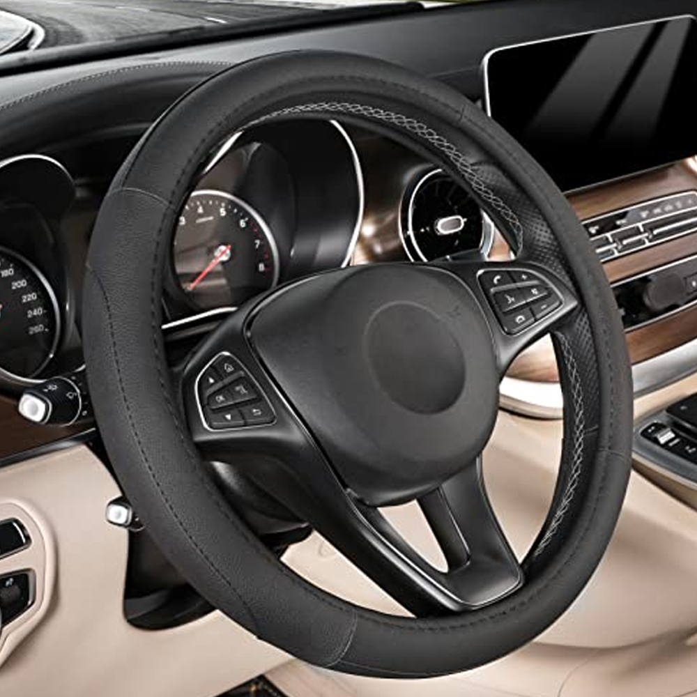 Universal Leather Steering Cover Black Design 3