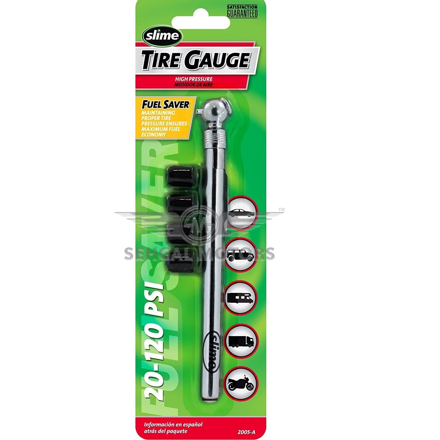 Slime Tyre / Tire Pressure Guage With Nozzle Caps 2005-A 20-120 psi