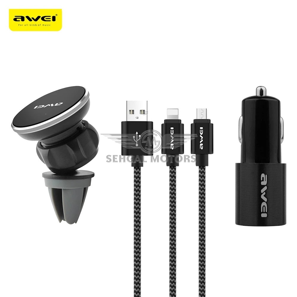 Awei X10 3 in 1 Air Vent Magnetic Mobile Charger + Holder + USB Cables