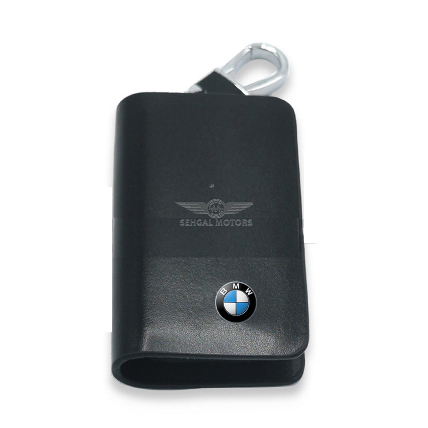 BMW Glossy Leather Key Cover Pouch Black with Keychain Ring