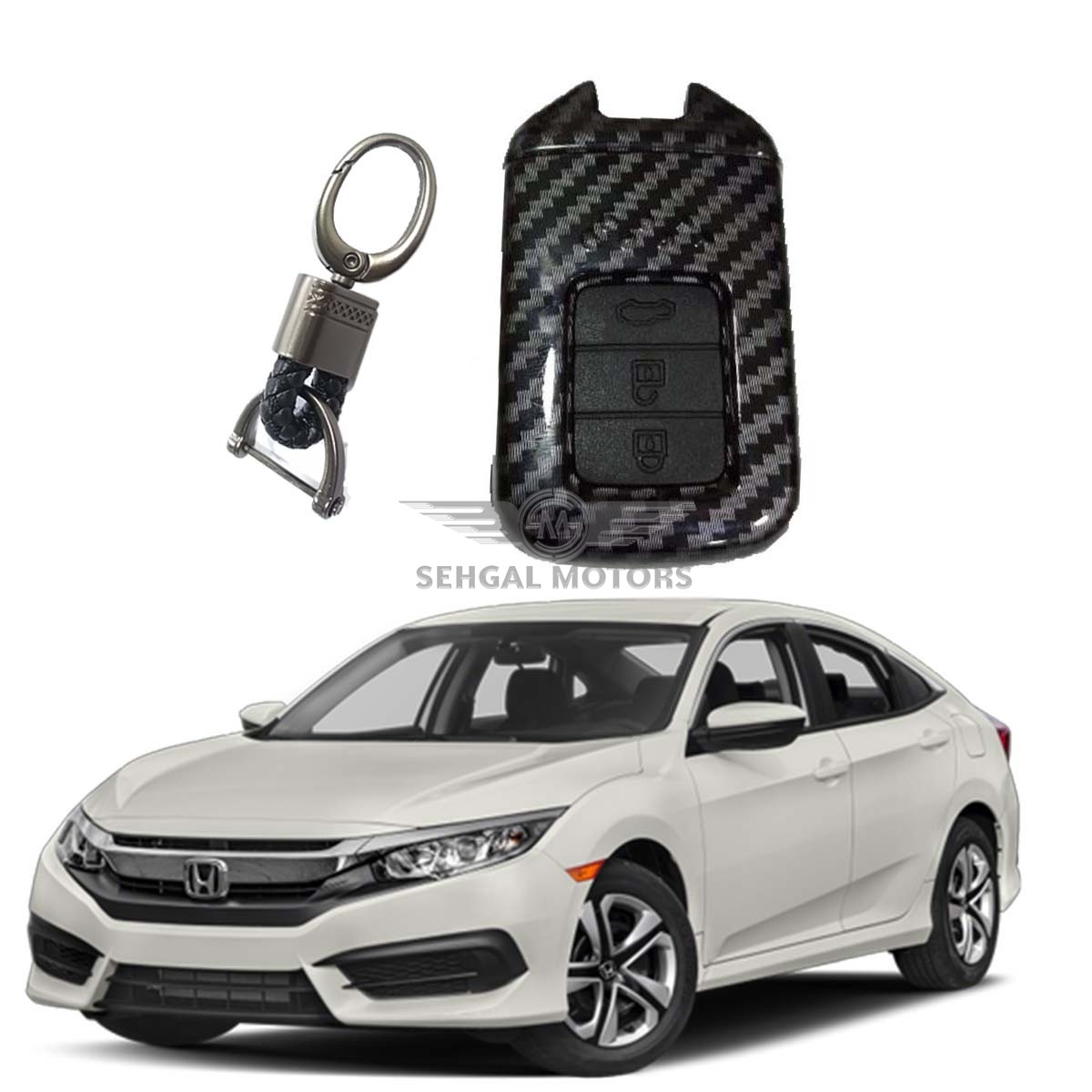 Honda Civic Carbon Fiber Tpu Plastic Protection Key Cover With Keychain - Model 2016 - 2021