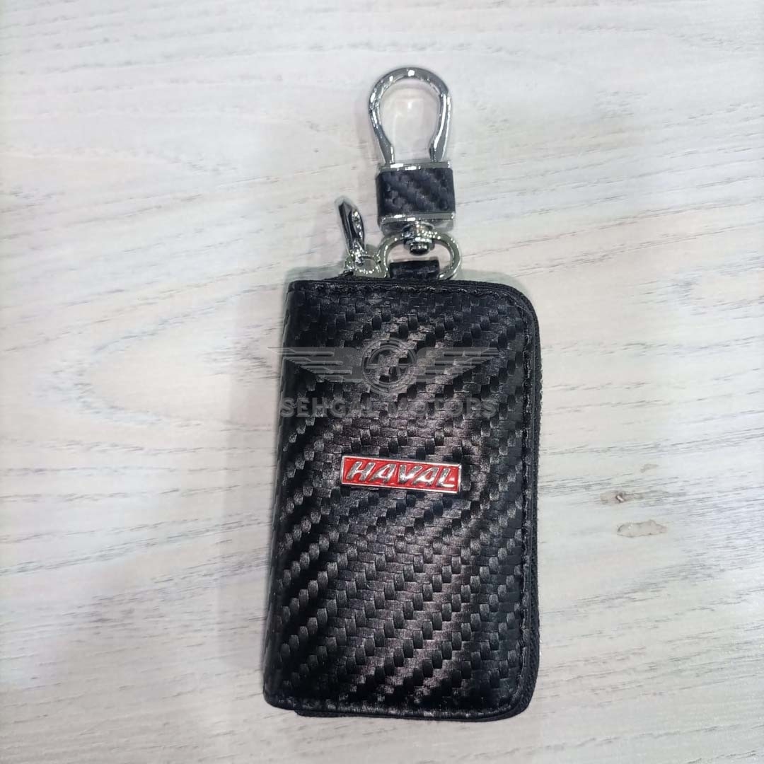 Haval Carbon Fiber Leather Key Cover Pouch Black With Keychain Ring