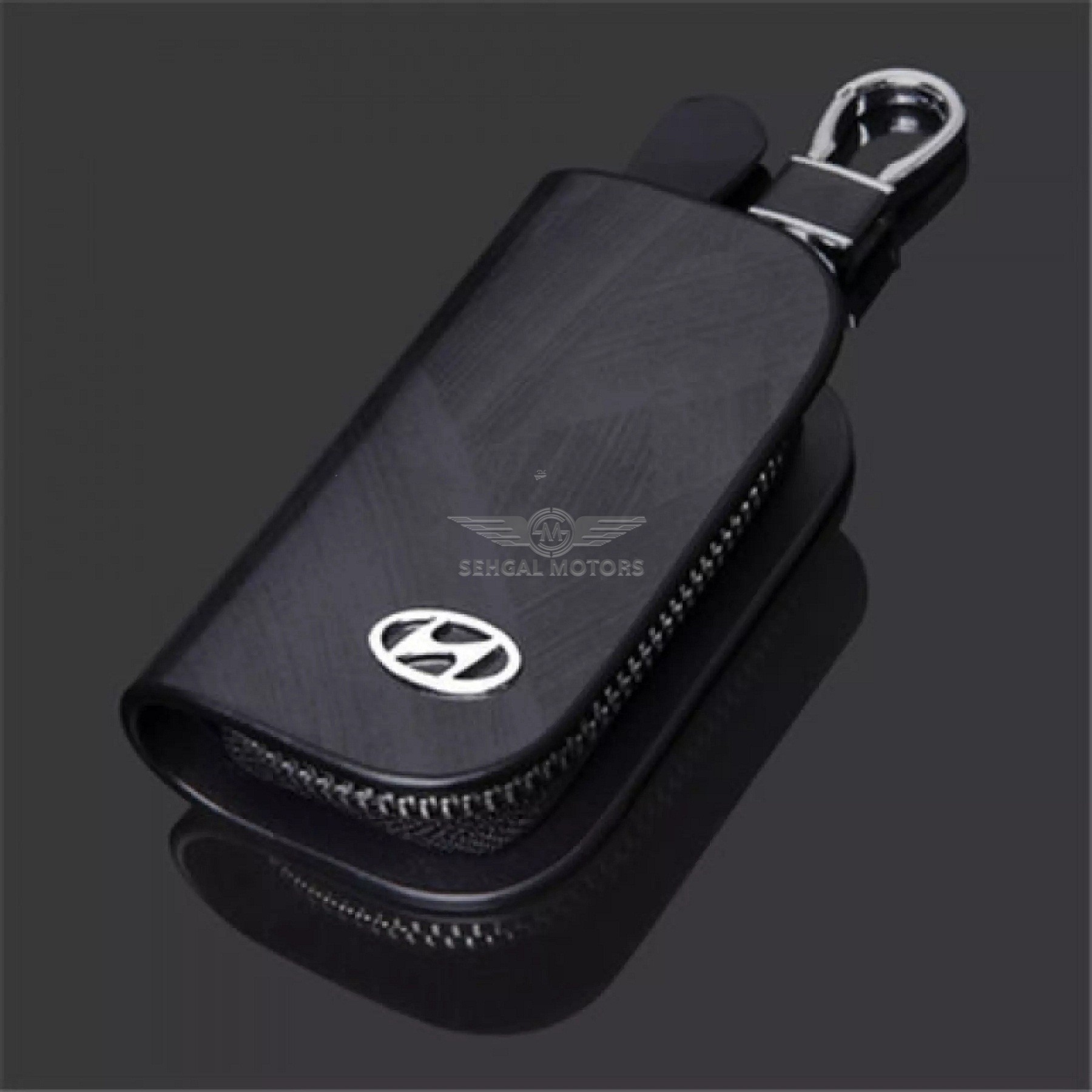 Hyundai Glossy Leather Key Cover Pouch Black with Keychain Ring