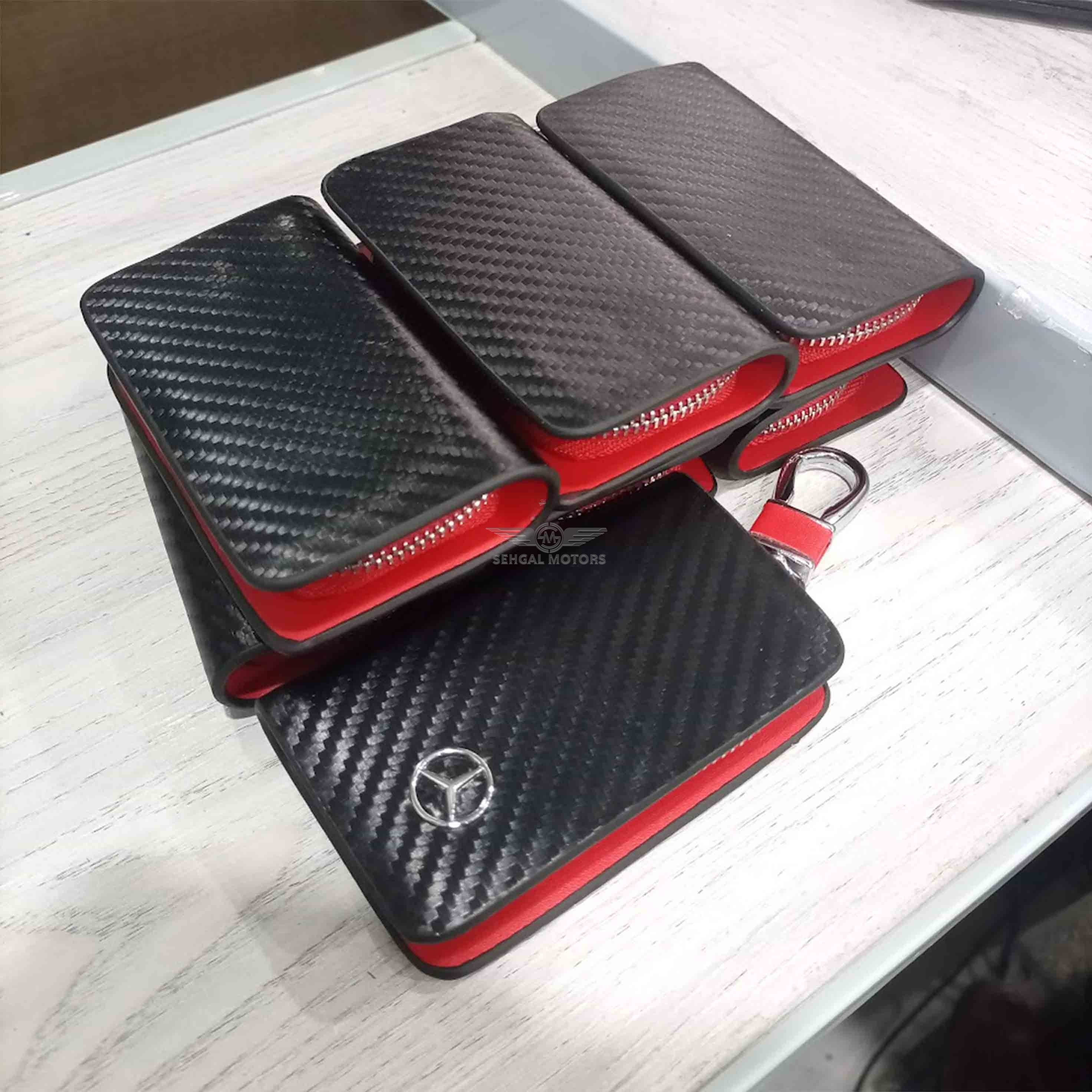 Mercedes Zipper Carbon Fiber Leather Key Cover Pouch Black with Keychain Ring