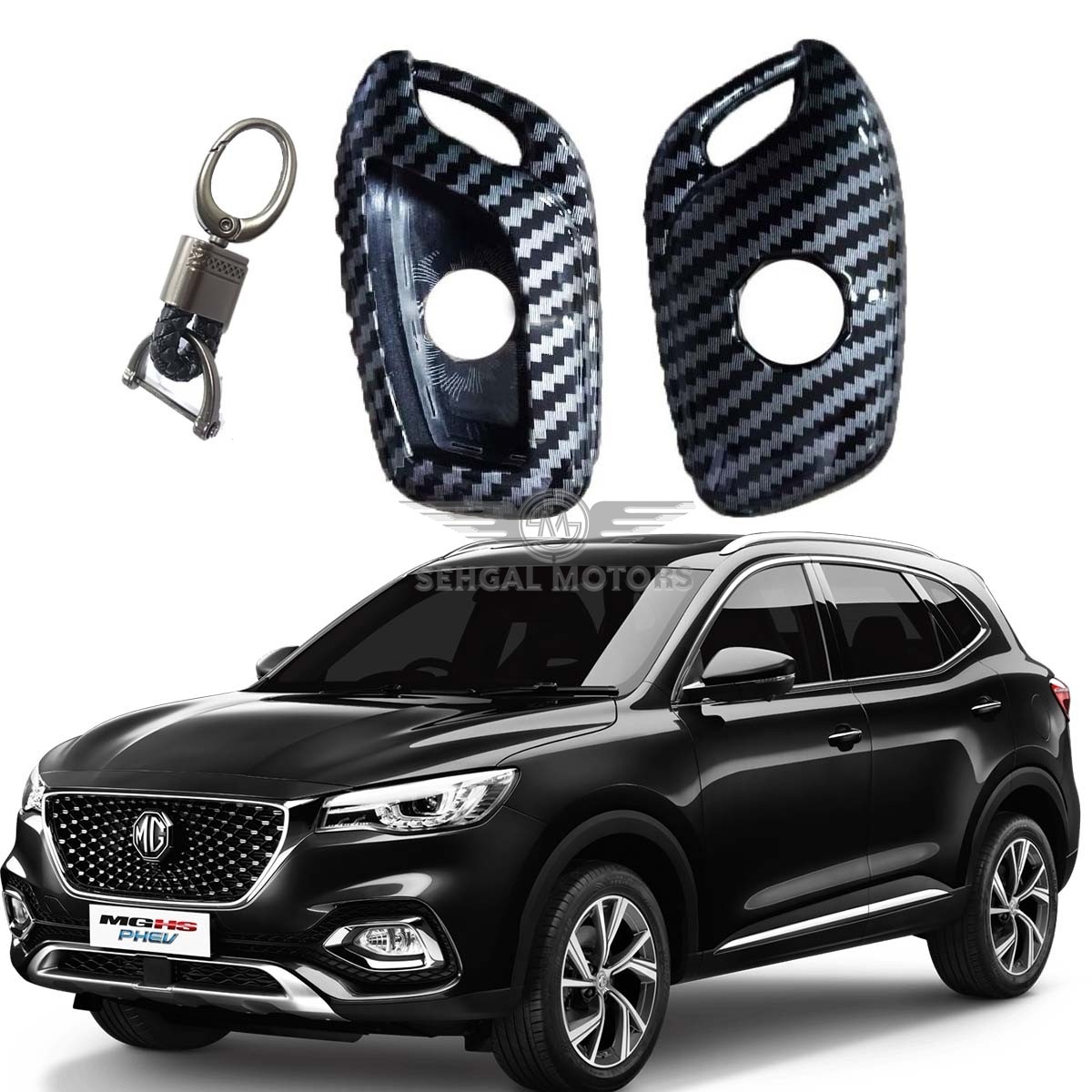 MG HS Carbon Fiber TPU Plastic Protection Key Cover With Keychain - Model 2020 - 2021