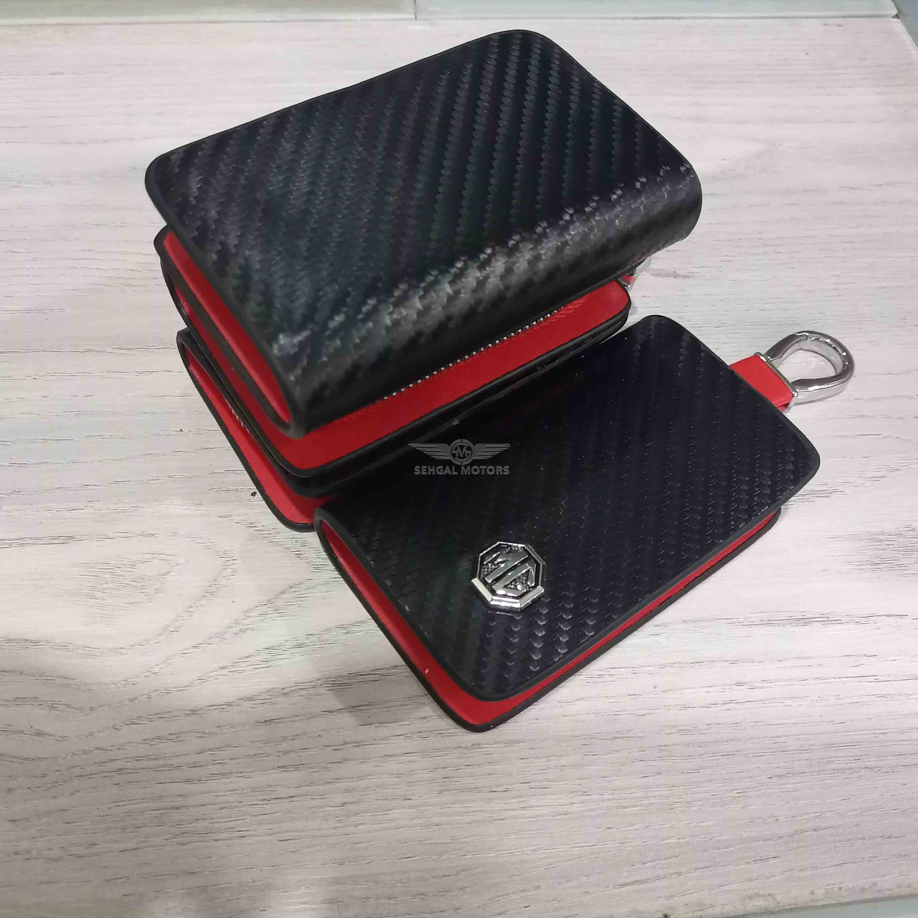 MG Zipper Carbon Fiber Leather Key Cover Pouch Black with Keychain Ring