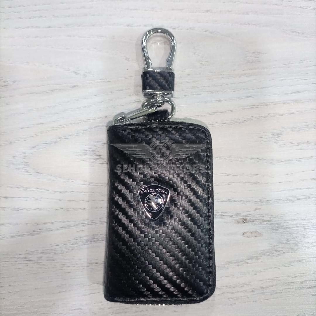 Proton X70 Carbon Fiber Leather Key Cover Pouch Black With Keychain Ring
