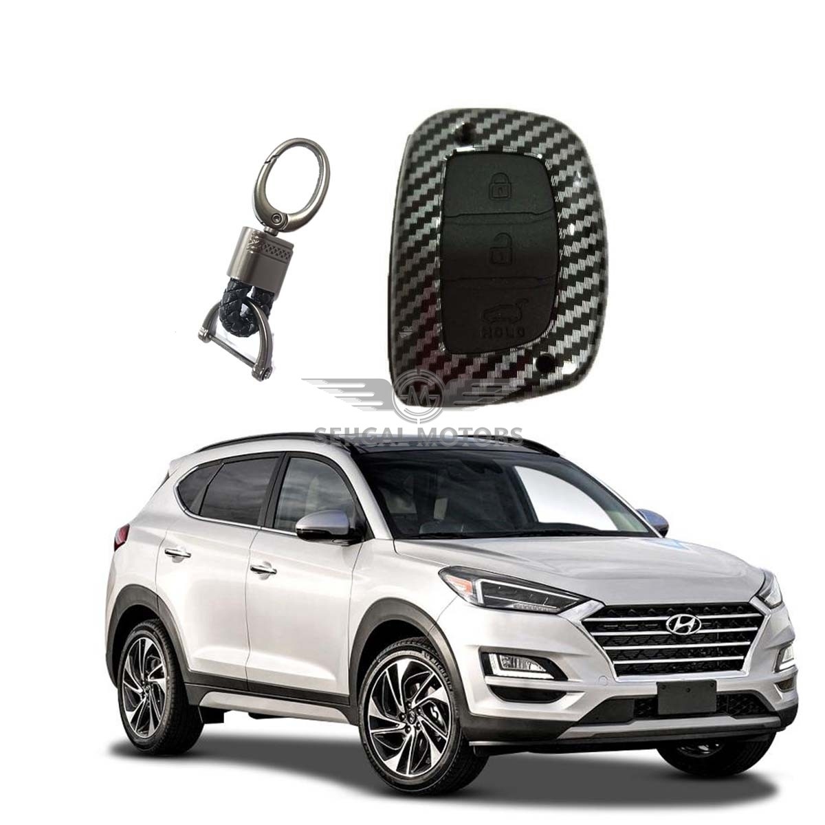 Hyundai Tucson Carbon Fiber TPU Plastic Protection Key Cover With Keychain - Model 2020 - 2021