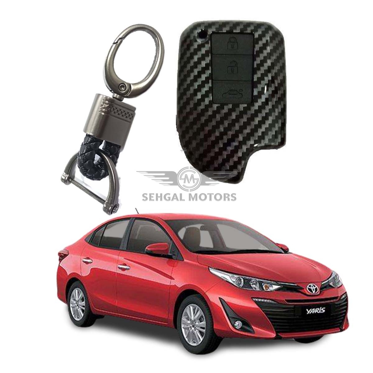 Toyota Yaris Carbon Fiber TPU Plastic Protection Key Cover With Keychain - Model 2020 - 2021