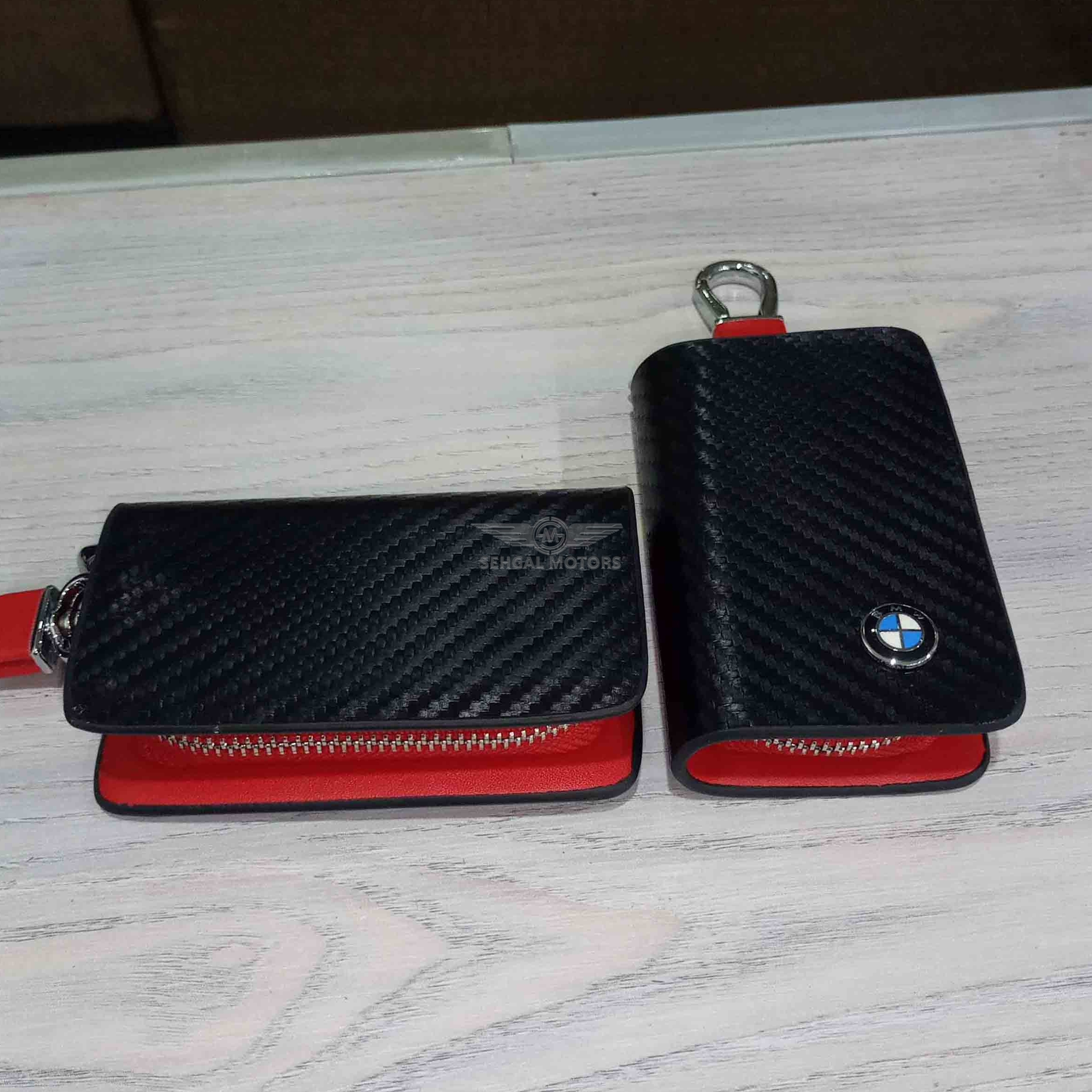 BMW Zipper Carbon Fiber Leather Key Cover Pouch Black with Keychain Ring