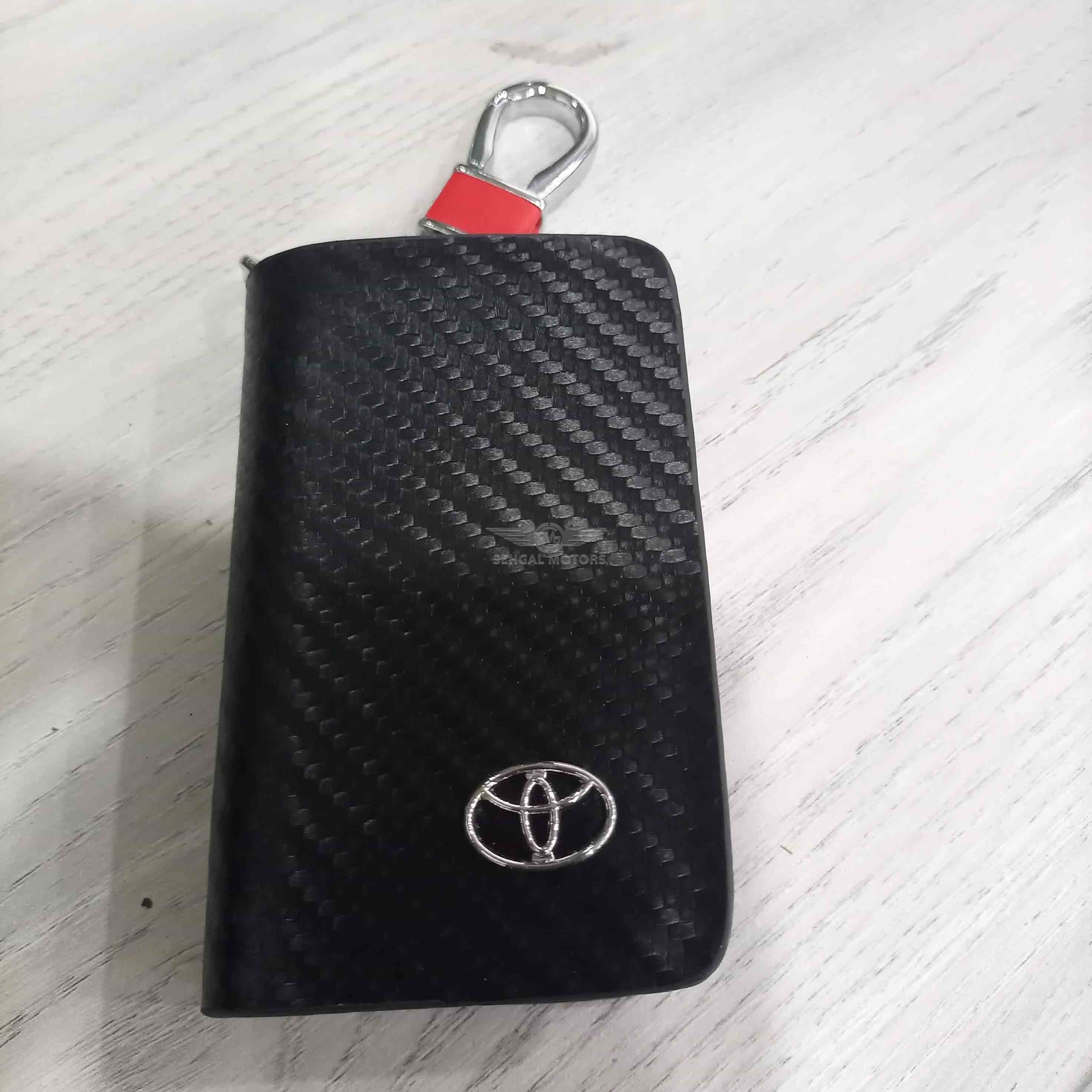 Toyota Zipper Carbon Fiber Leather Key Cover Pouch Black with Keychain Ring
