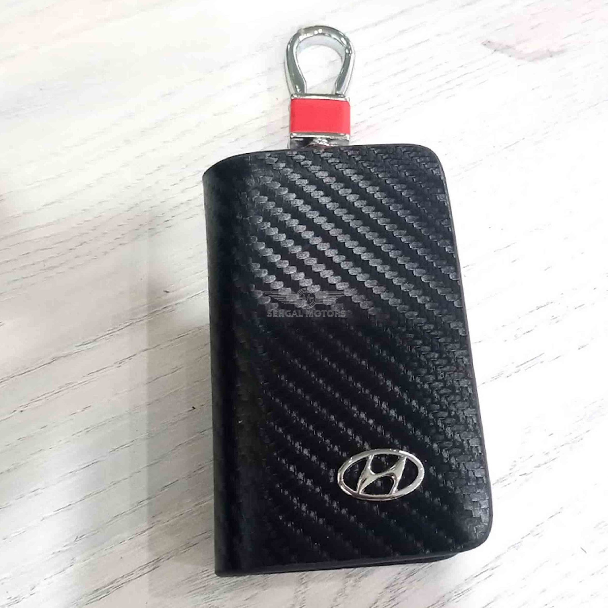 Hyundai Zipper Carbon Fiber Leather Key Cover Pouch Black with Keychain Ring