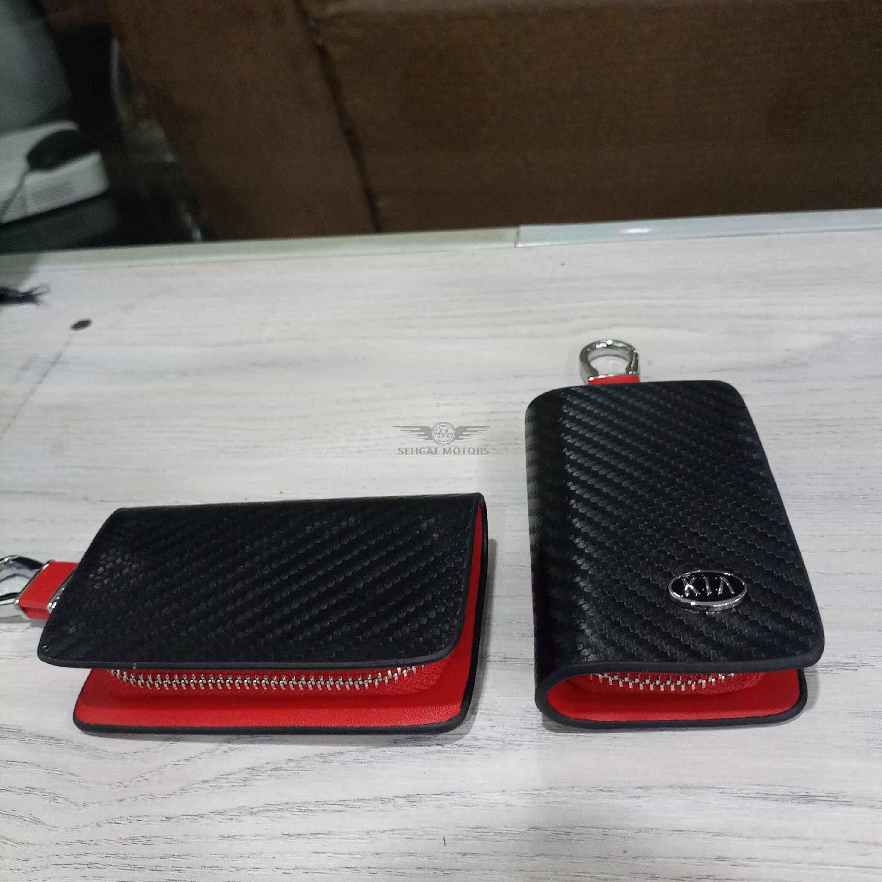 KIA Zipper Carbon Fiber Leather Key Cover Pouch Black with Keychain Ring