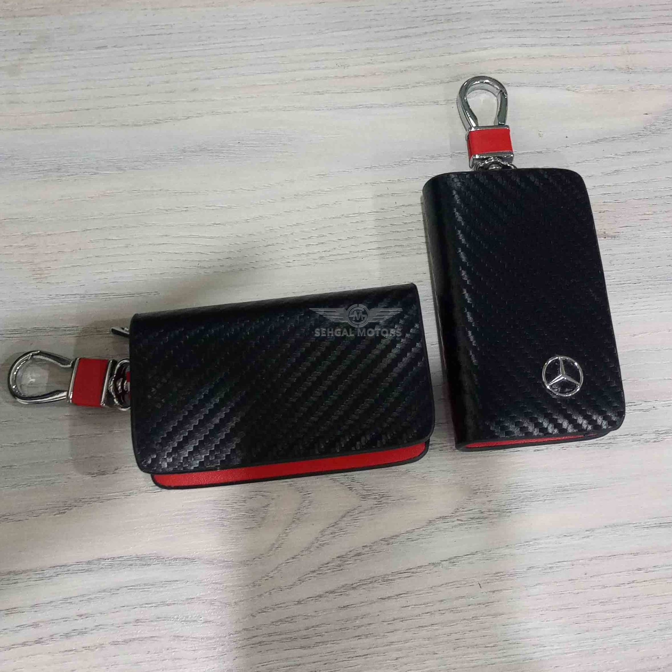 Zipper Carbon Fiber Leather Key Cover Pouch Black With Keychain Ring